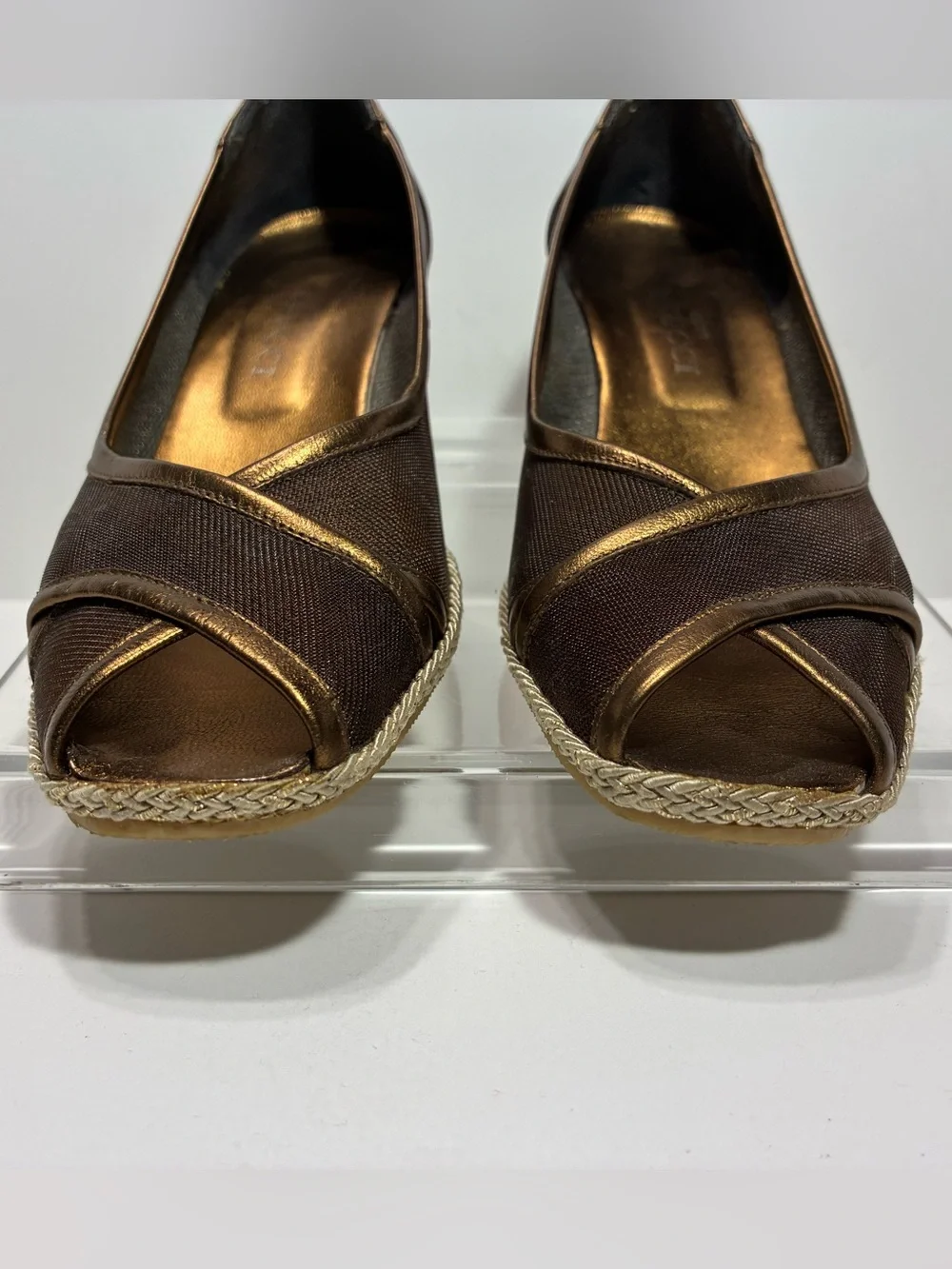 Sesto Meucci ITALY MADE Bronze Brown Peep Toe Espadrille Wedges Size 8.5